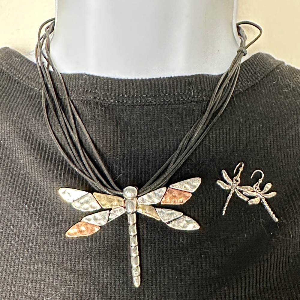 Two-Toned Dragonfly Necklace and Earrings Set